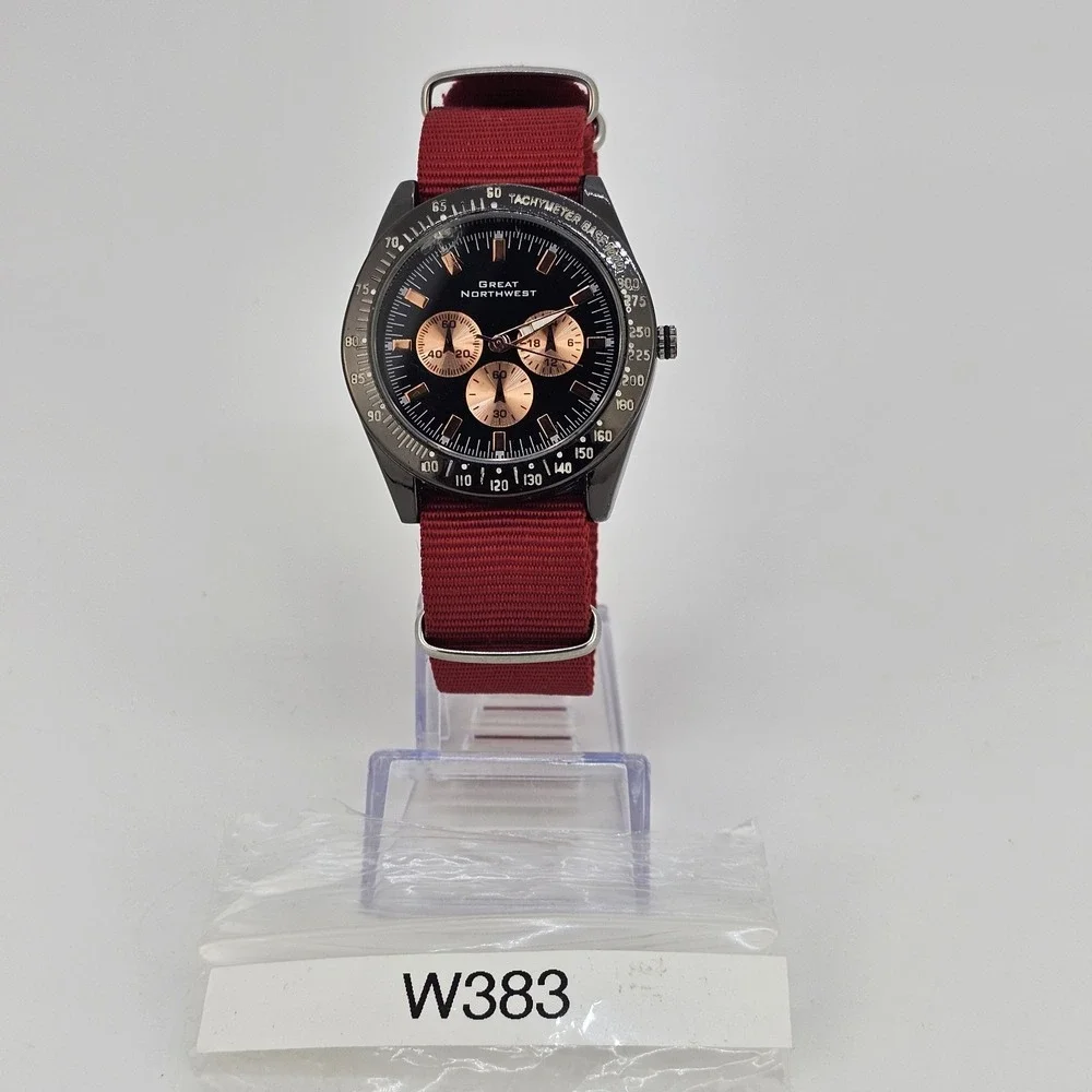 Great Northwest Men's Watch 42MM Black‎ Dial New Red Nylon Band New Battery